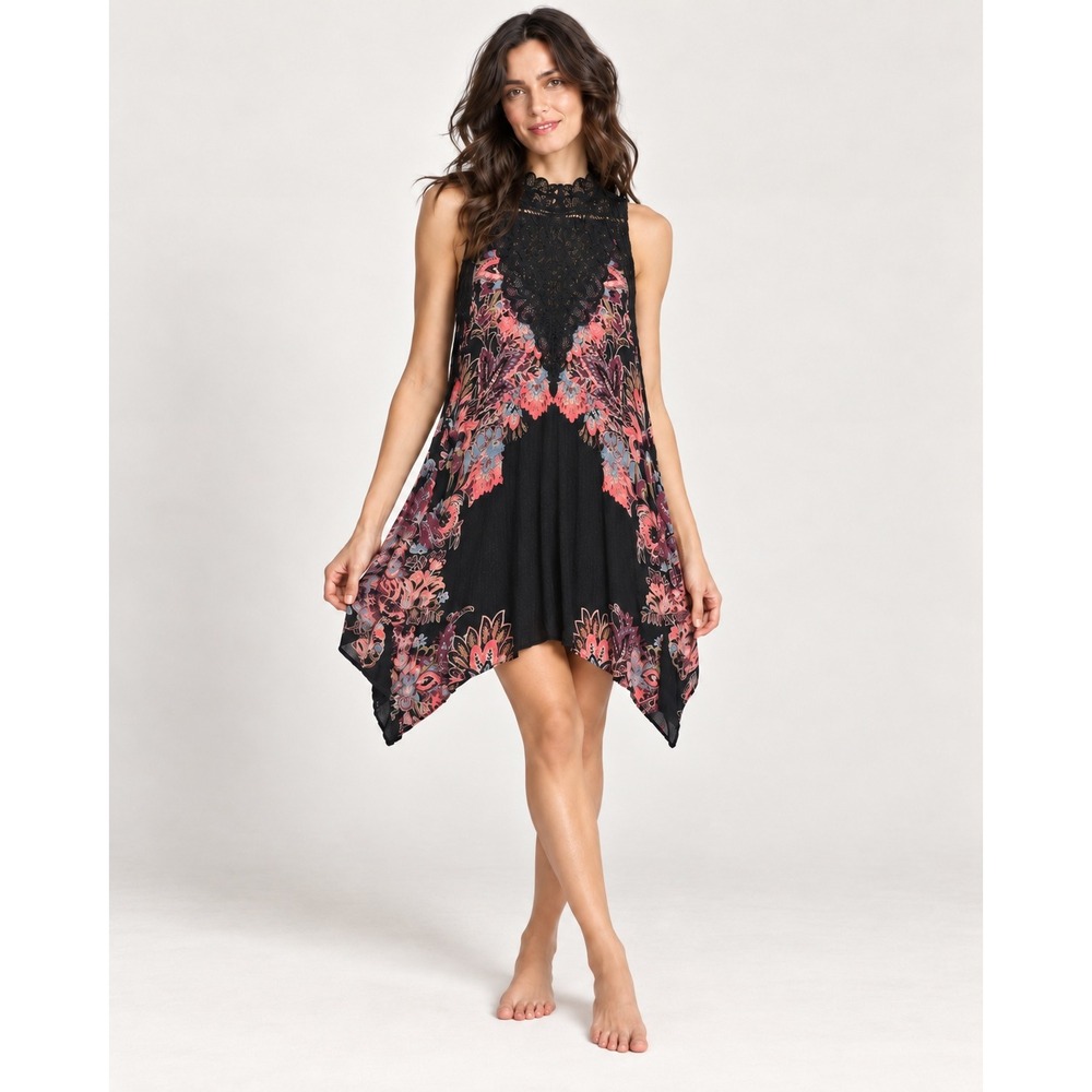 Intimately Free People Black Floral Lace Tunic Dress Large Handkerchief Hem Boho